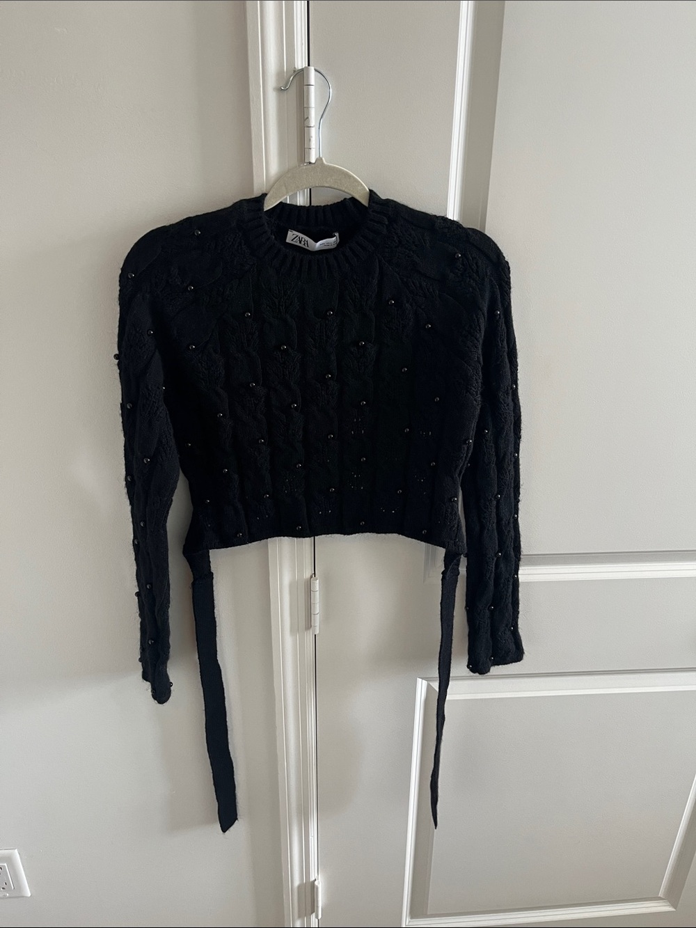 Zara Black Beaded Cable-Knit Cropped Sweater